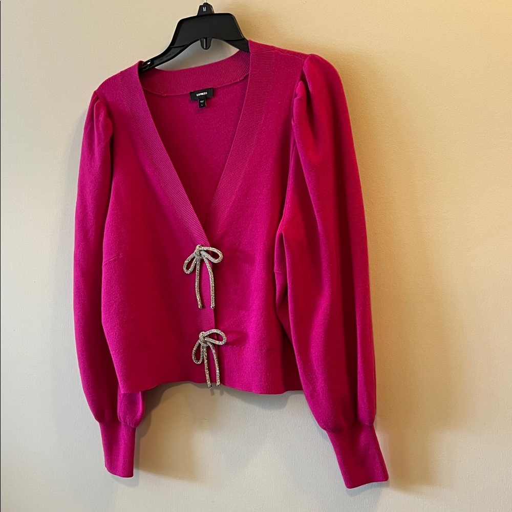 Express Vibrant Pink Puff Sleeve Sweater with crystal bows size L